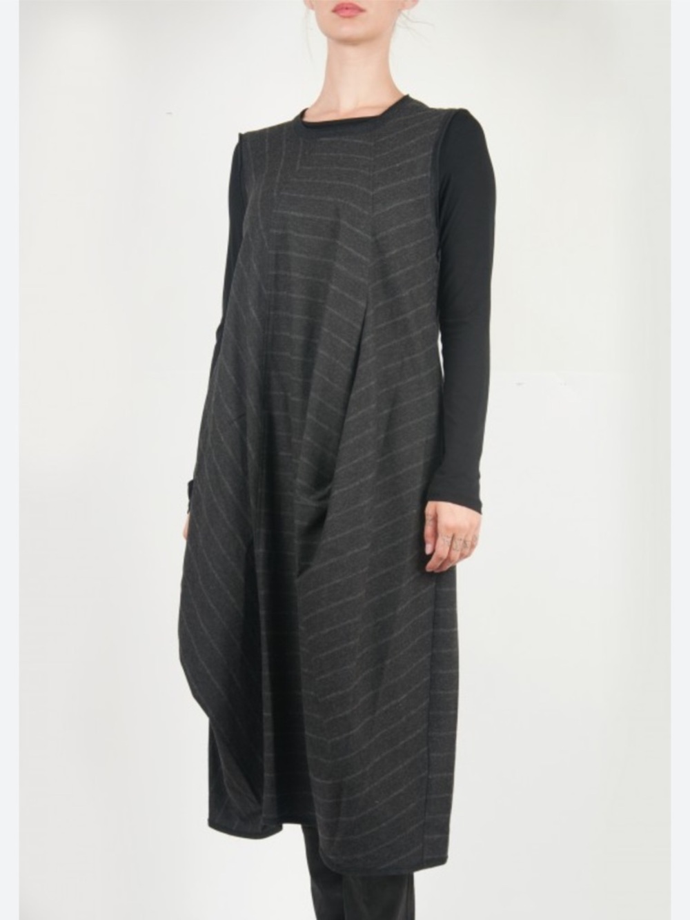 OSKA Sleeveless Black Pinstripe A-Line Dress lagenlook